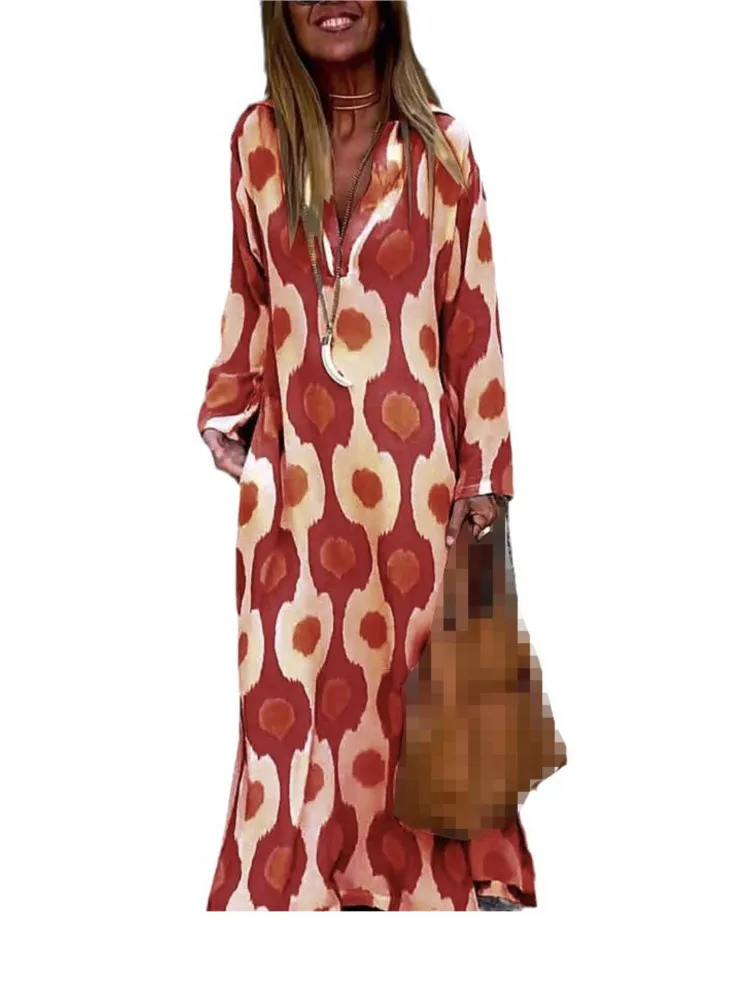 Maxi Dress 2024 Autumn Causal V Neck Long Sleeve Dresses Female Holiday Beach Boho Dress Vestidos Women Geometric Printing Split