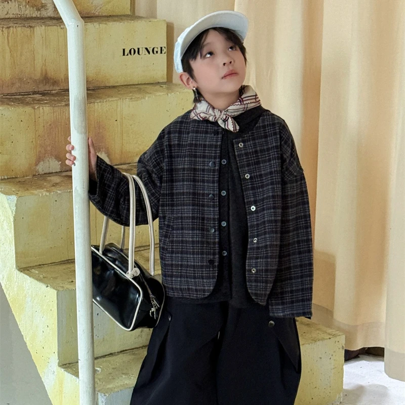 

Осень 2023, новая детская однобортная теплая шерстяная короткая куртка в клетку в стиле ретро