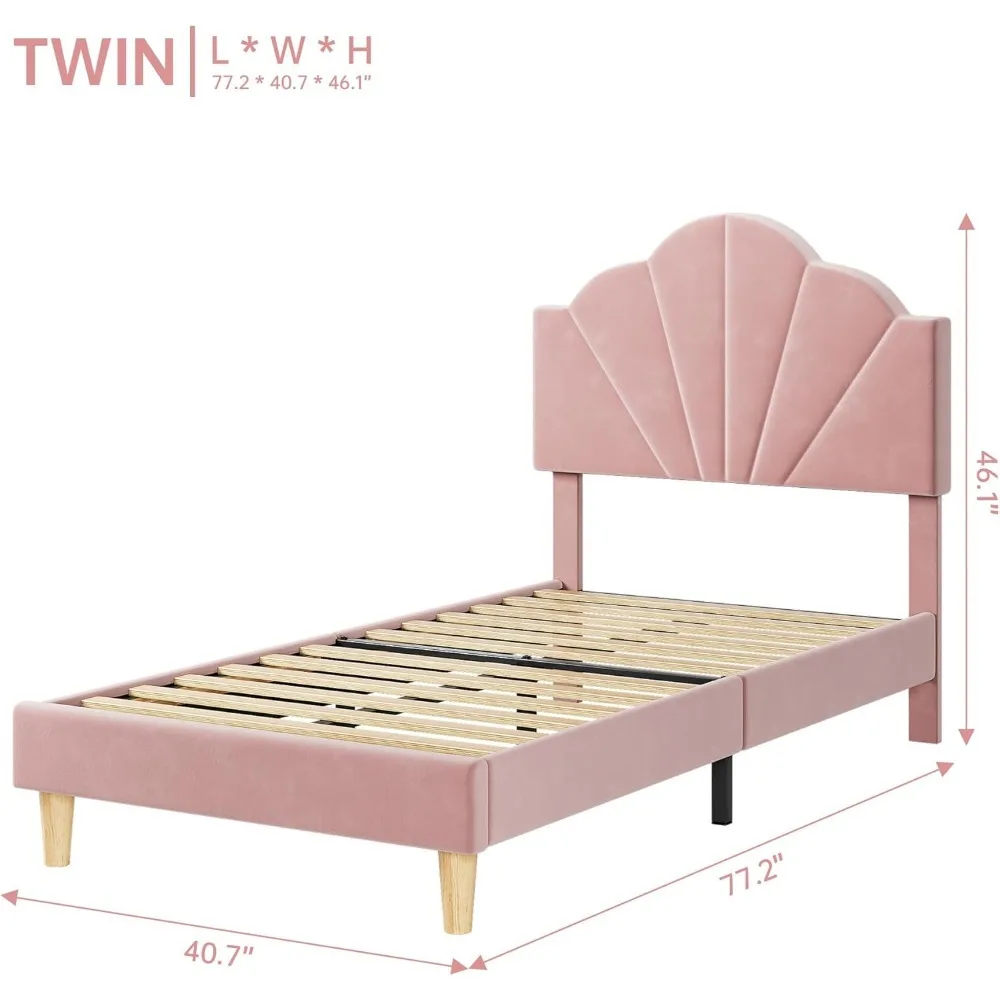 Twin Bed Frame with Height Adjustable Headboard, Strong Wood Slat Support and Metal Frames, Velvet Upholstered Bed Frame