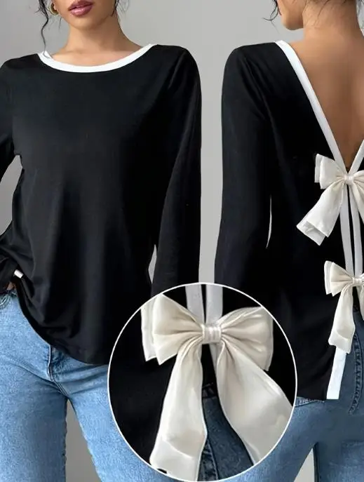 

2026 Элегантная новая модная повседневная сексуальная облегающая футболка с длинными рукавами, женская базовая рубашка с галстуком-бабочкой, пуловер, верхняя женская одежда