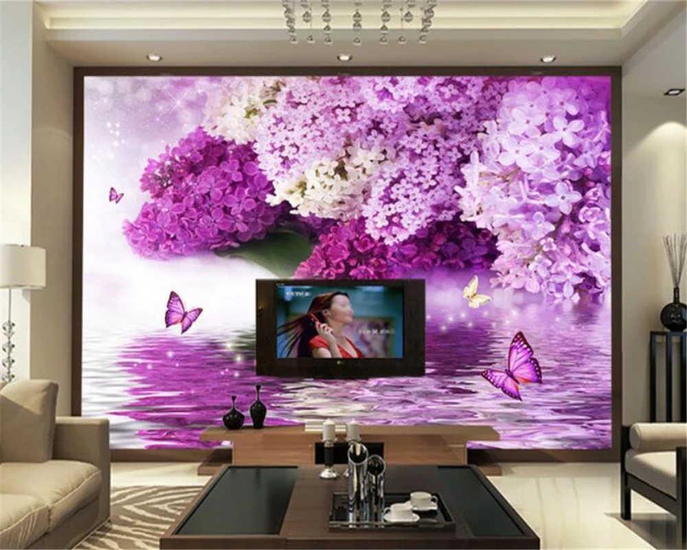 Customized products 3D Wallpaper Purple Flowers Reflection Butterfly Background Wall home decor papel de parede bedroom 8d mural