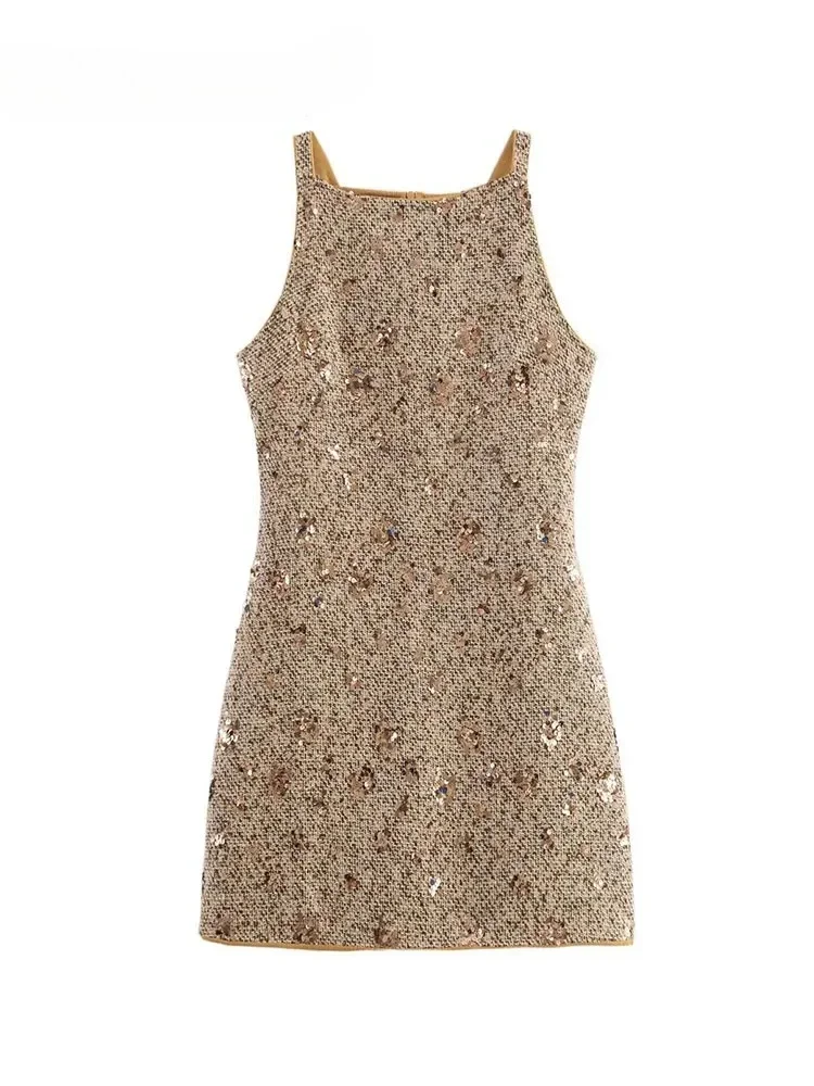 

New Women's Sequin Sexy Club Chic Dress Sleeveless Zipper Mini Dress New Fashion Female Dress