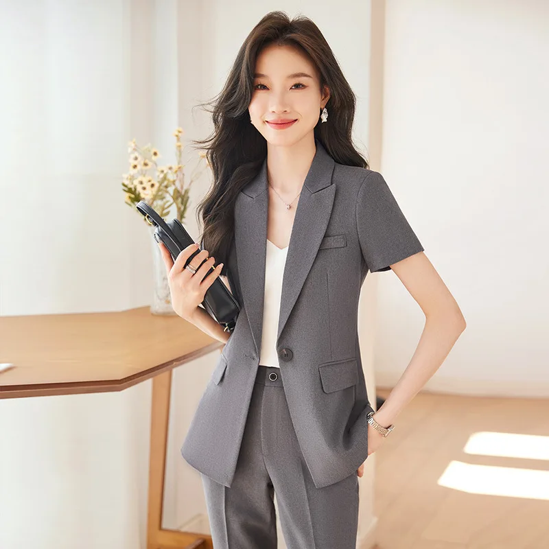 

Gray Suit Women's Summer Short Sleeve Formal Wear Temperament Goddess Style Suit Skirt Jewelry Shop Workwear Business Suit