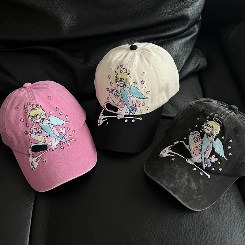Cartoon Angel Girl Print Vintage Baseball Cap Unisex Adjustable Curved Streetwear Dad Hat Harajuku Casual Outdoor Sun Hat Gorra