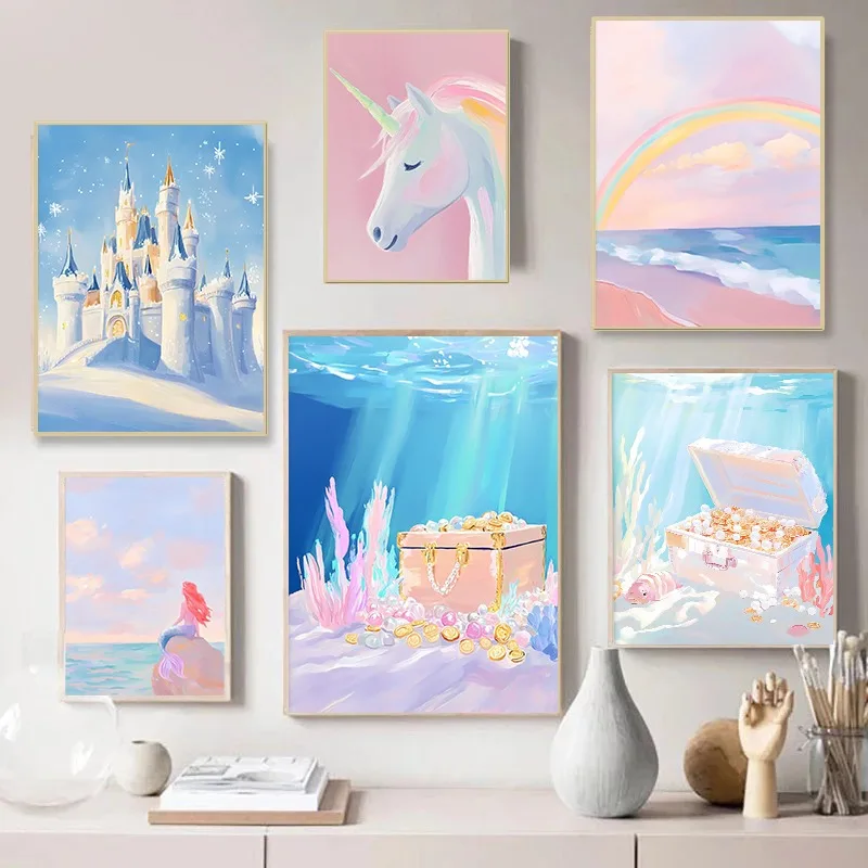 Soft Pastel Whimsical Mermaid Magical Princess Fairytale Castle Unicorn Poster Canvas Painting Wall Art Nursery Room Home Decor