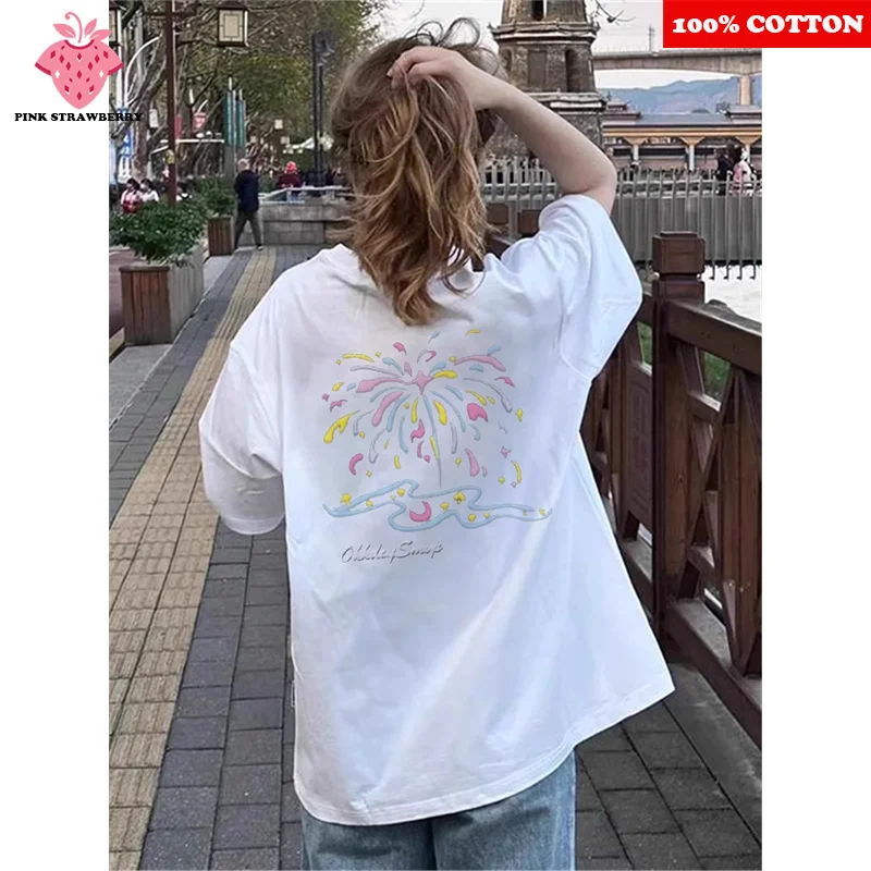 

Fireworks Print White T-shirt Women Summer 2025 New 100% Cotton American style Short sleeves Tee Y2k Tops Youth Female clothing