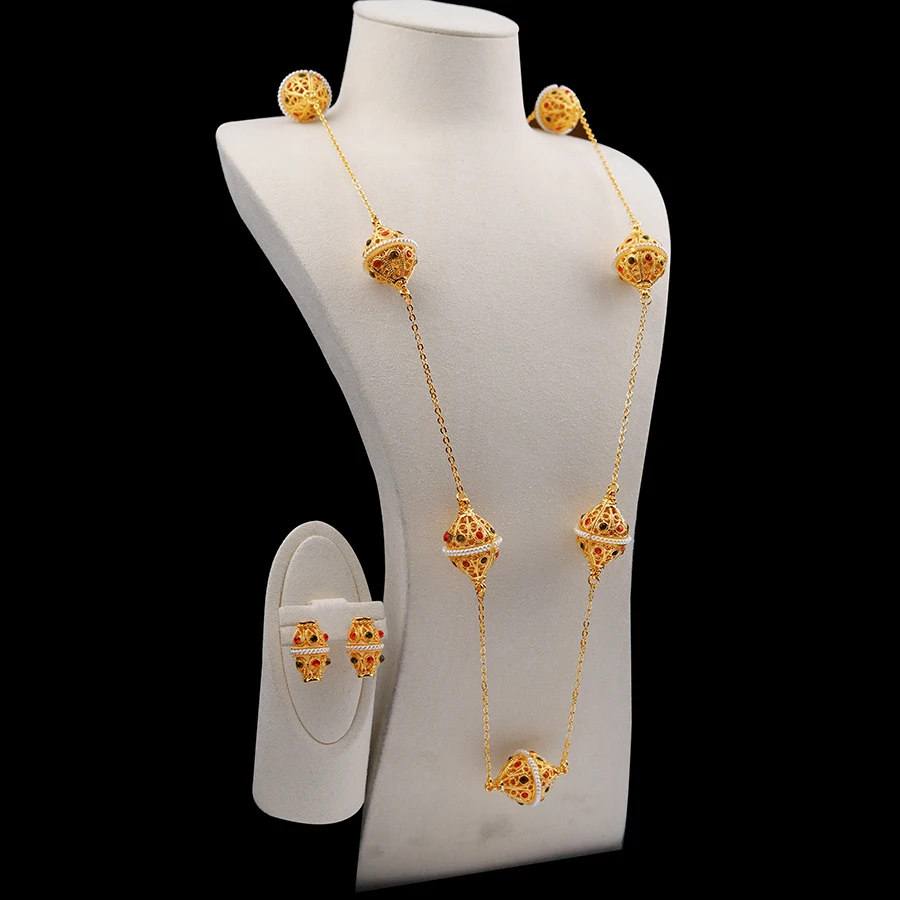 2PCS Earring+1pcs Necklace 24K Gold-Plated Ethiopian Middle Eastern Women's Jewelry, Dubai Bridal Wedding Jewelry