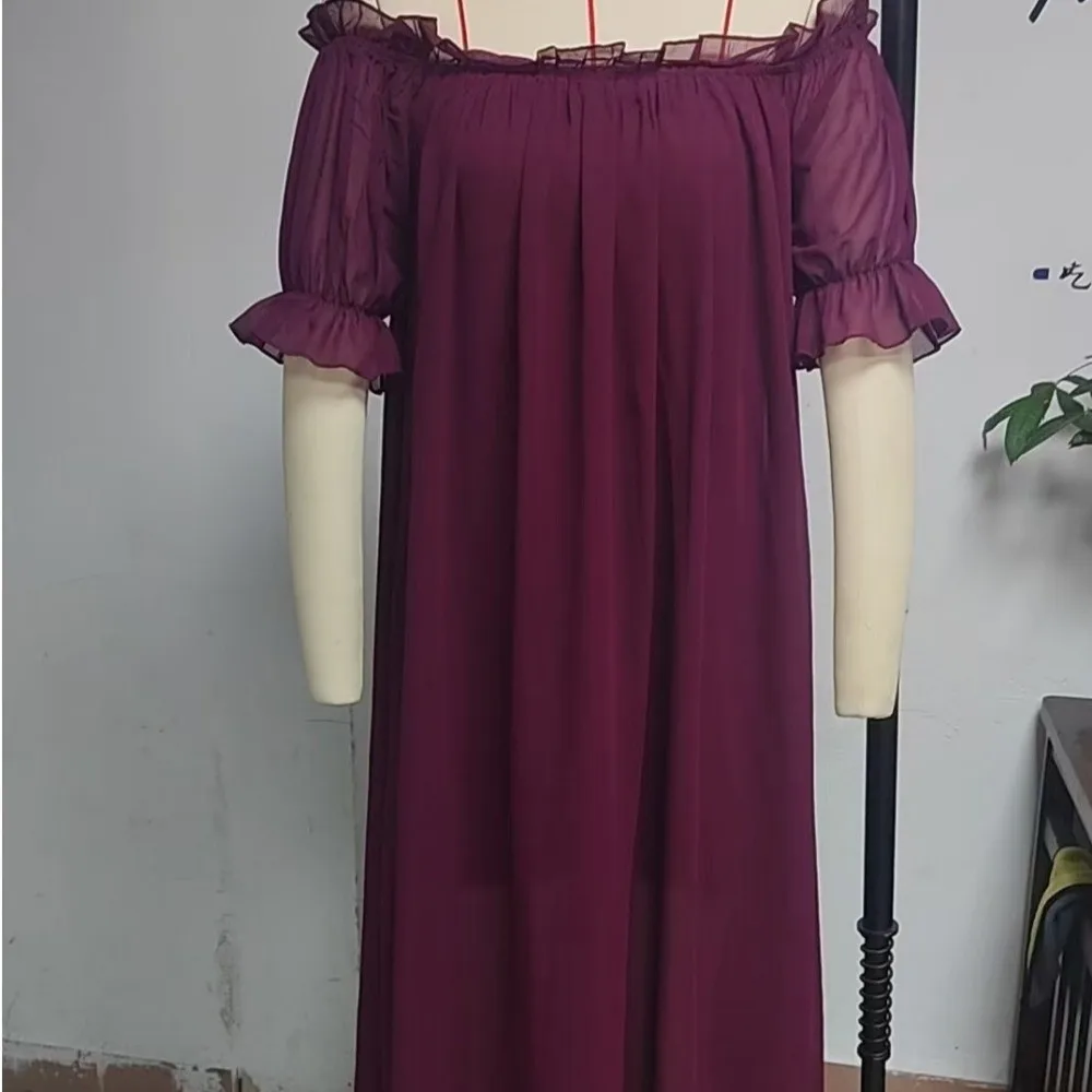 Breathable Off Shoulder Sheer Nightgown V-neck Ruffle Mesh Nightdress Transparent Short Sleeve Long Sleeping Dress Sleep