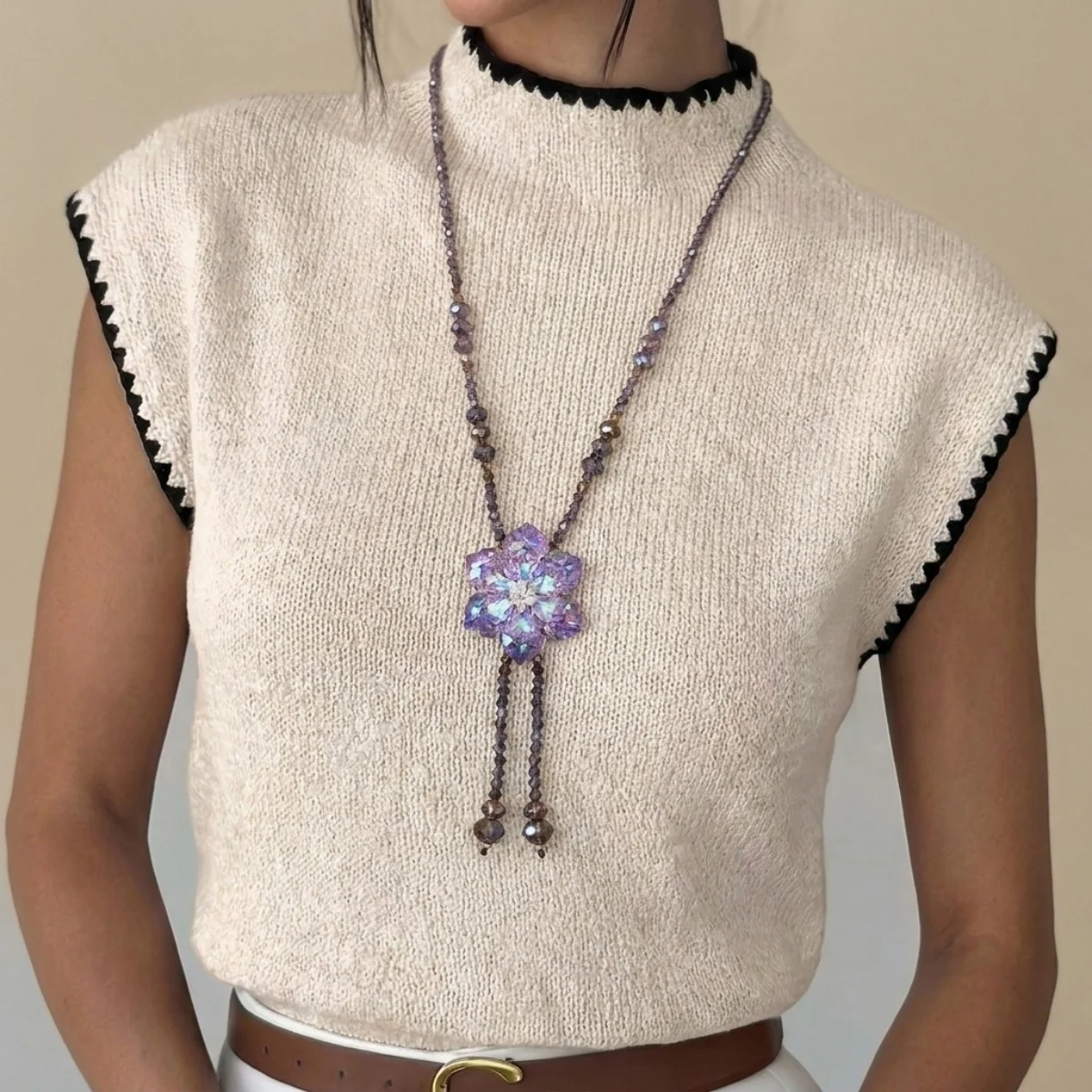 Shiny Purple Crystal Flower Sweater Chain Necklace For Women Men Vintage Drawstring Beaded Y‑Shaped Tassel Floral Choker Jewelry