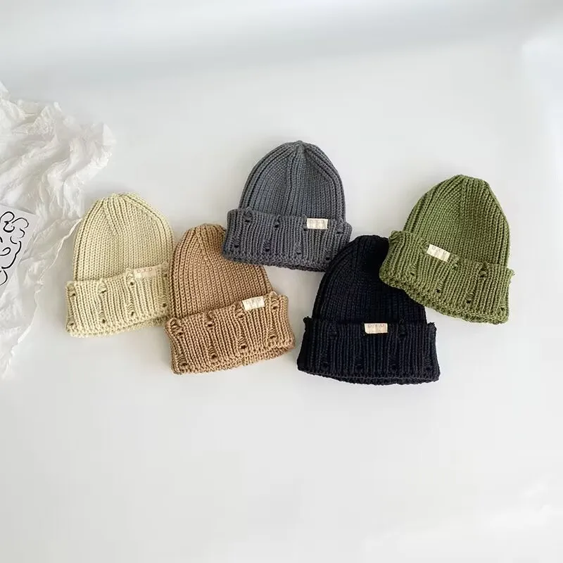 Children\'s knitted hat ear-protection warm wool hat children boys torn hole-over hat boom street