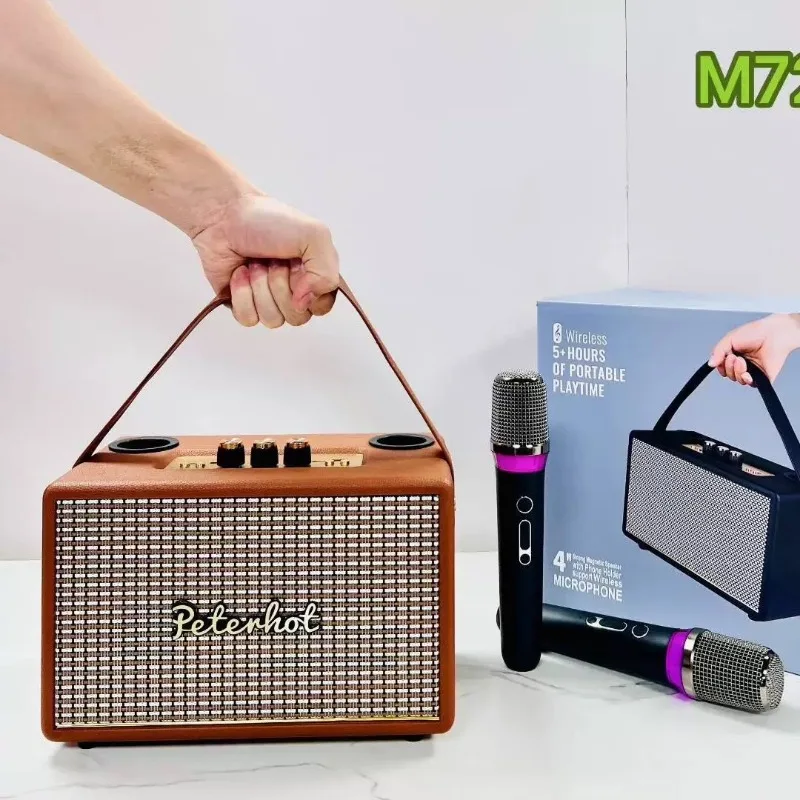 ريترو BT V5.3 HIFI ستيريو باس KTV مكبرات الصوت موسيقى الحفلات اللاسلكية المحمولة مكبر صوت لجهاز الكاريوكي مع ميكروفون FM USB AUX/TF بطاقة اللعب