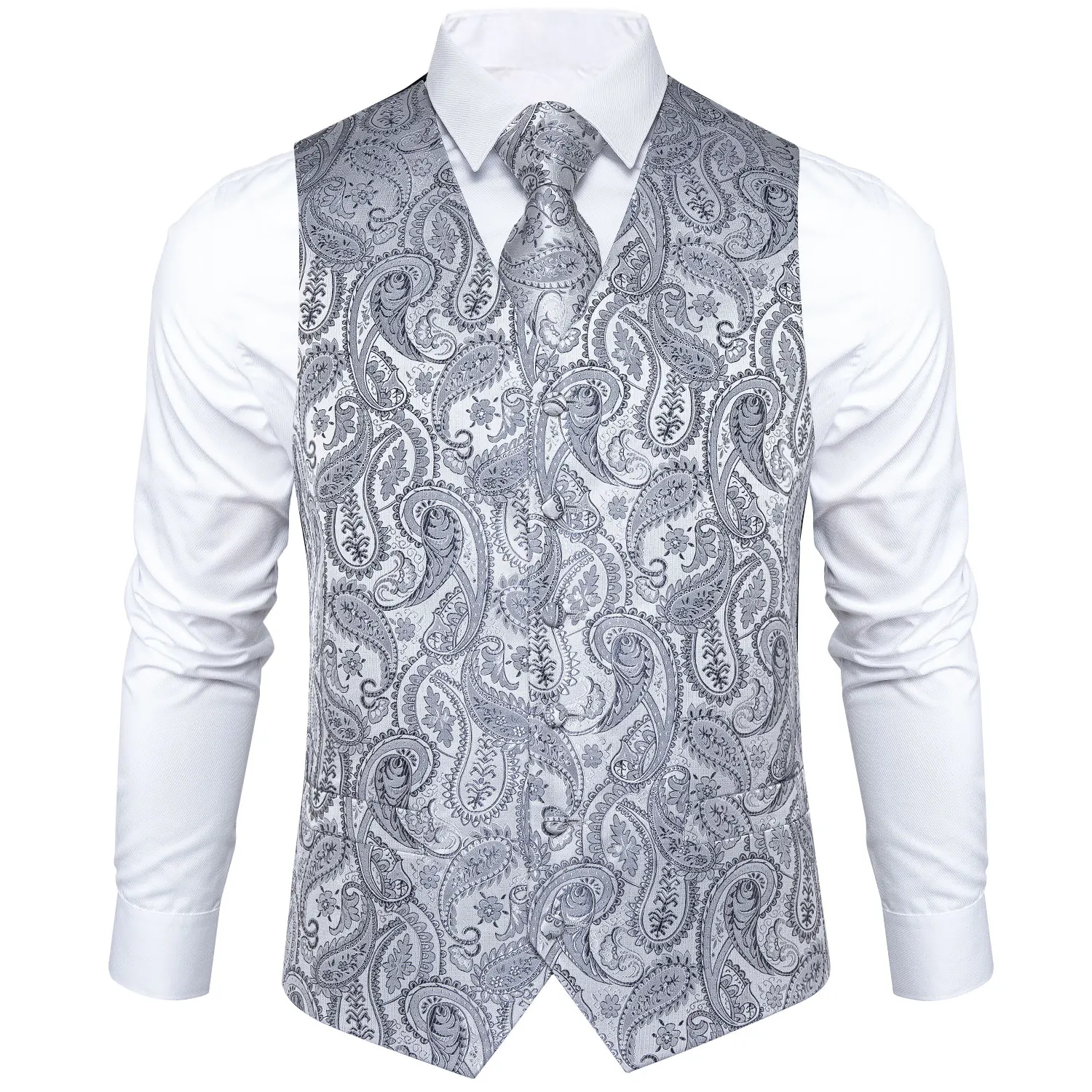 Luxury Silver Gray Paisley Suit Vest Men Tuxedo Blazers Wedding Party - close-up view