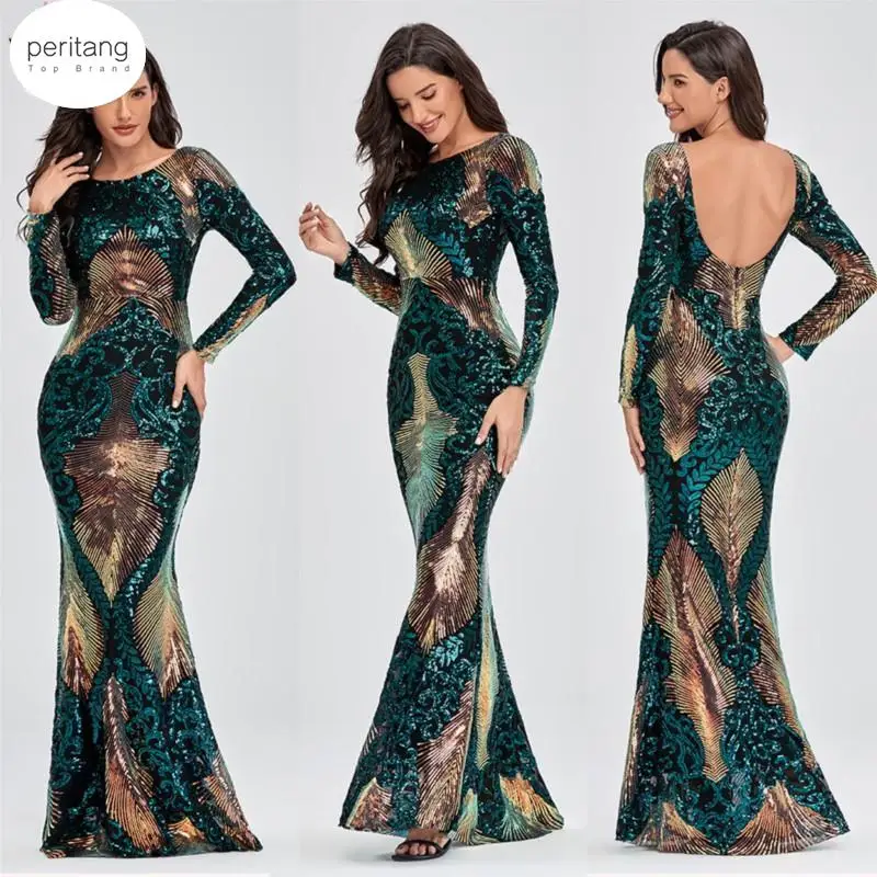 

Vintage Green Long Sleeve Mermaid Sequins Dress Sparkly Elegant Shiny Party Evening African Long Dresses for Women Female