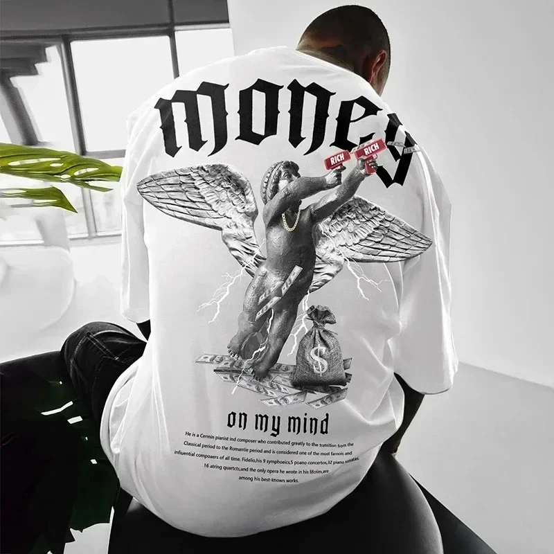 Money Angel Print Men\'s T-Shirt Cotton Hip-hop Short Sleeve O Neck Tee Tops Summer Fashion Trend Loose Oversize Streetwear