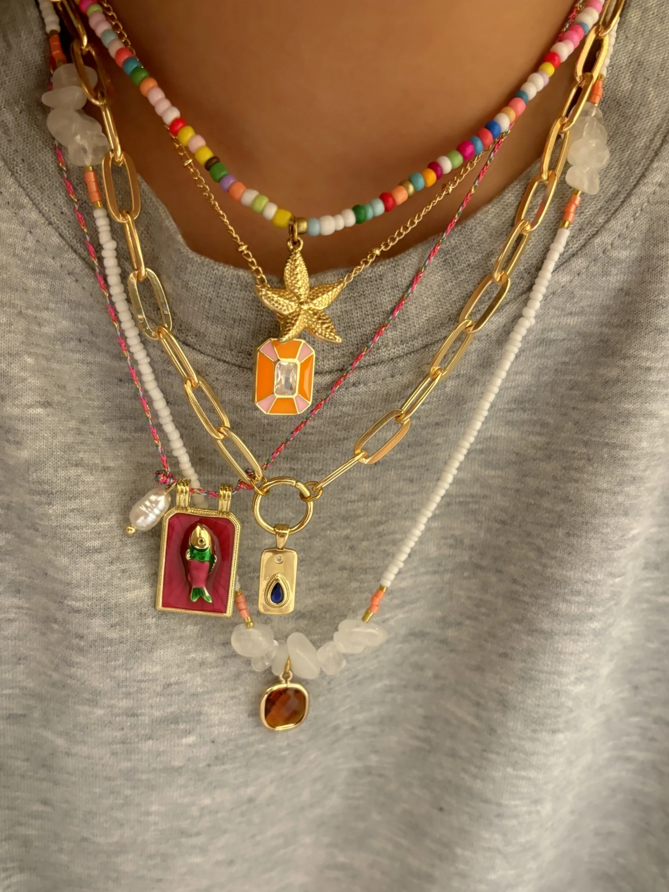 

5PCS Charm Bohemian Sea Star Pendant Irregular Gravel Beads Clavicle Chain Women's Necklace Holiday Jewelery Accessories