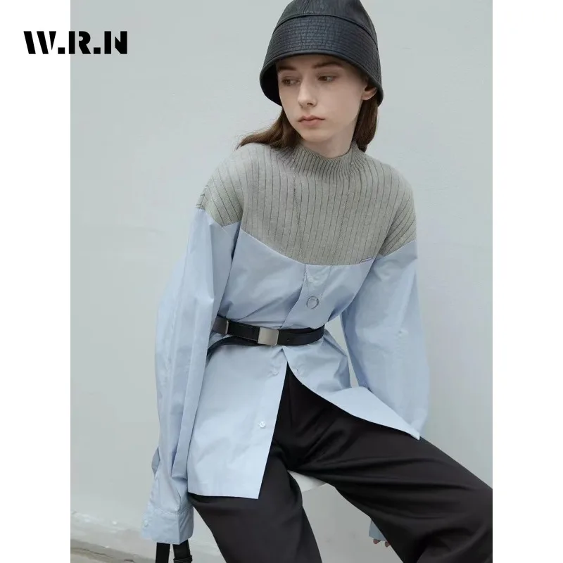 

2023 Autumn New Fashion Patchwork Striped Design Loose Shirt Women's Long Sleeve Single Breasted Round Neck Casual Blouse