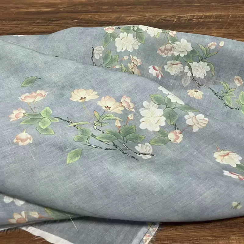 Pure Ramie Grey Printed Fabric, Used for Making High-End Summer Clothing Sewing Fabrics