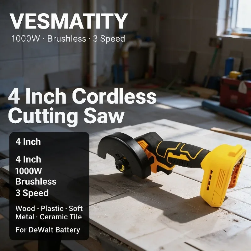 4 Inch Cordless Cutting Saw CUT OFF Tool 1000W Brushless 3 Speed for Wood Plastic Soft Metal Ceramic Tile For Dewalt Battery