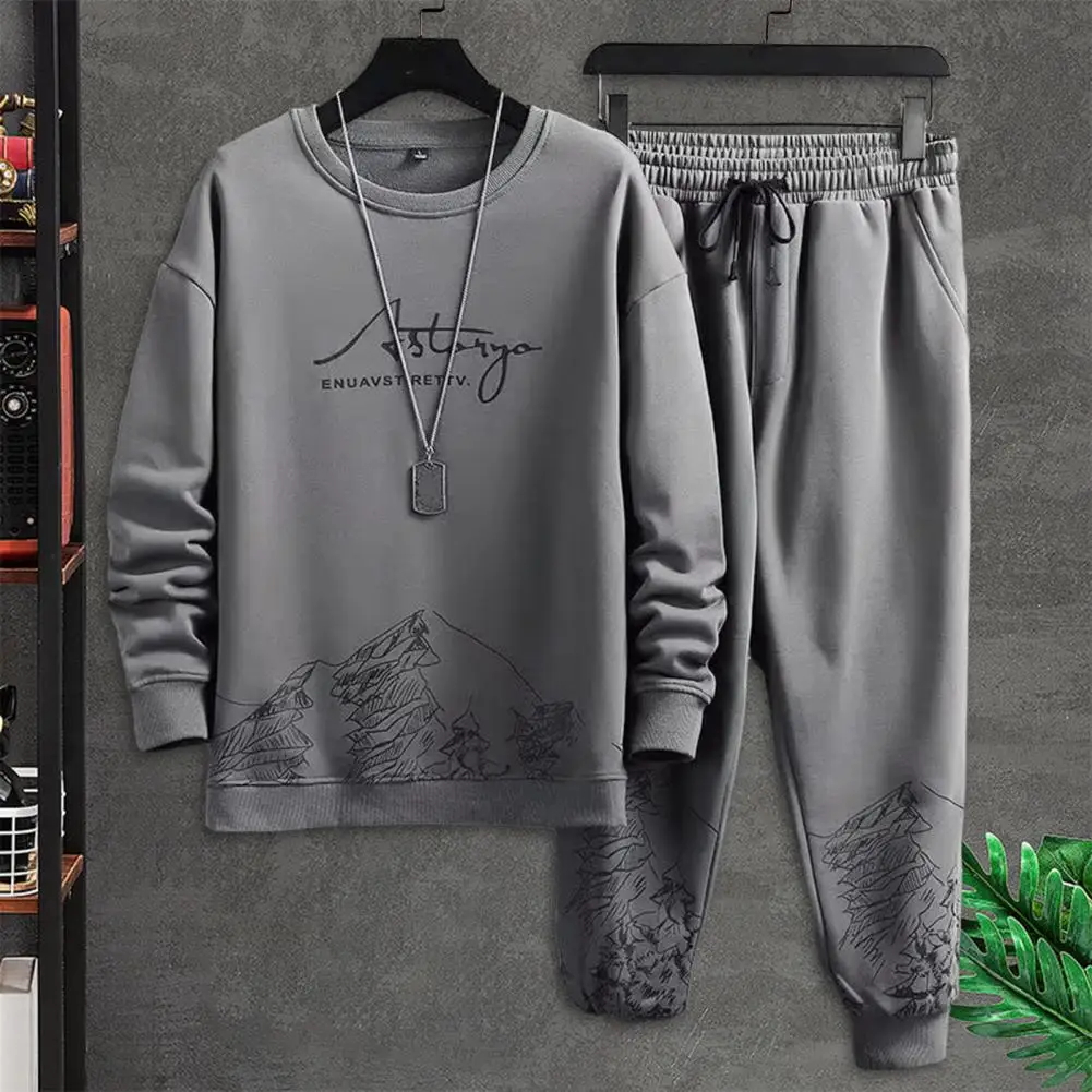 Sport Tops Jogger Pants Set Men's Mountain Print Tracksuit Set with O-neck Sweatshirt Drawstring Jogger Pants for Autumn Winter