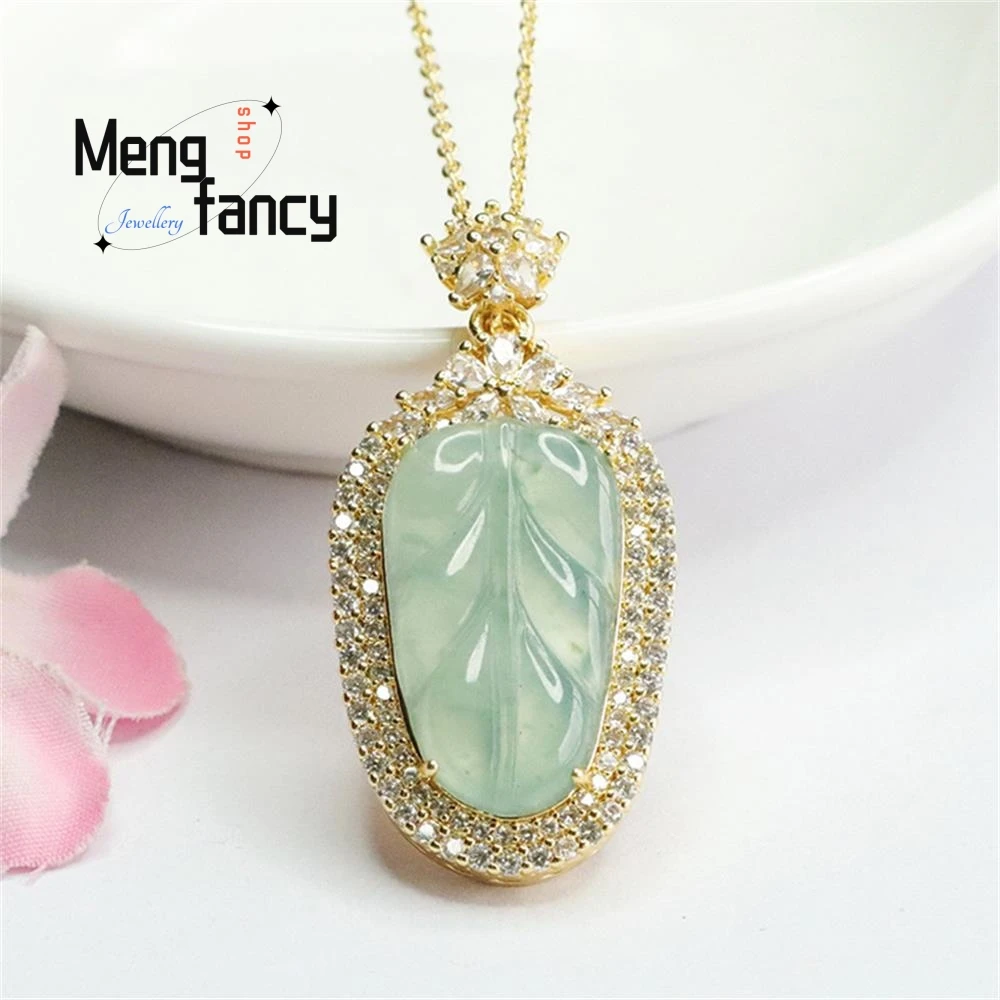 Natural A-goods Jadeite Blue Water Ice Leaf Pendant Exquisite Elegant Simple High-grade Luxury Quality Fine Jewelry Holiday Gift
