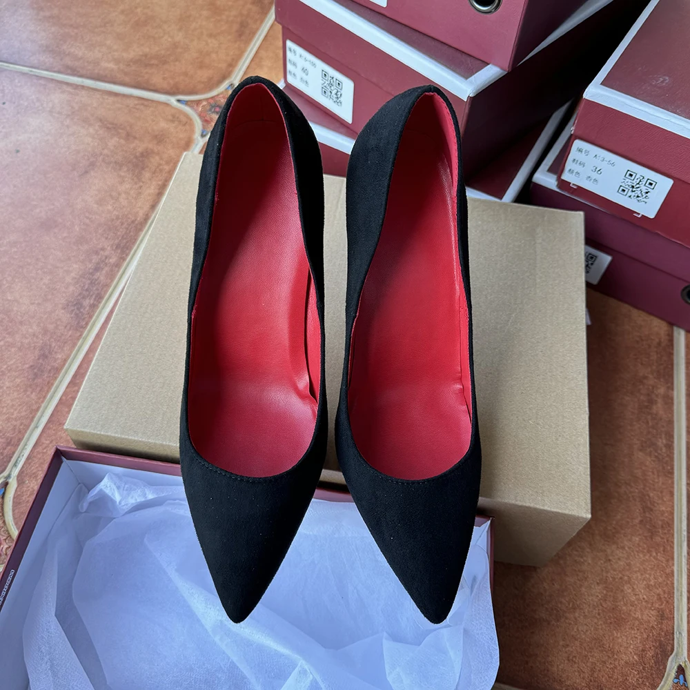 Veowalk Customize Black Flock Women Sexy Red Pointy Toe High Heel Shoes Elegant OL Lady Work Stiletto Party Pumps 8cm 10cm 12cm