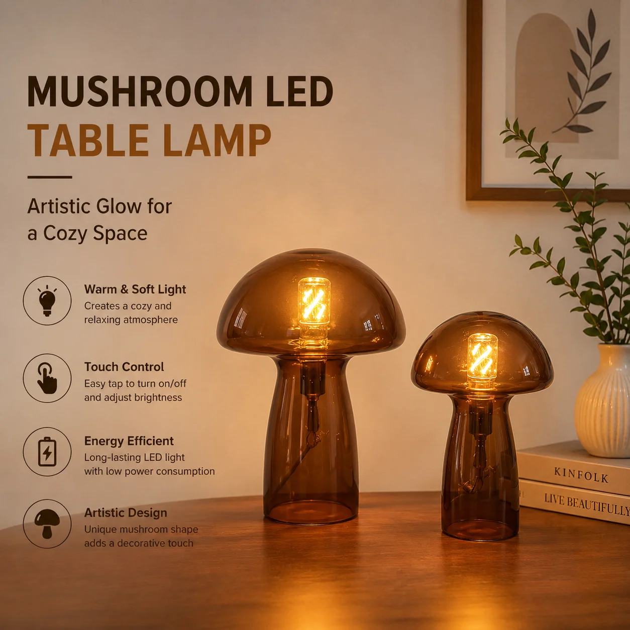 WWPPU Retro Glass Mushroom Table Lamp Creative Decor Bedside Light For Bedroom Indoor Use