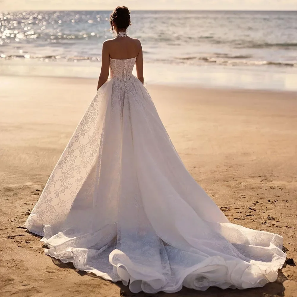 제인 에어 탈부착 가능한 목 장식 스트랩리스 목걸이 비즈 진주 아플리케 레이스 공주 웨딩 드레스 베스티도스 데 노비아