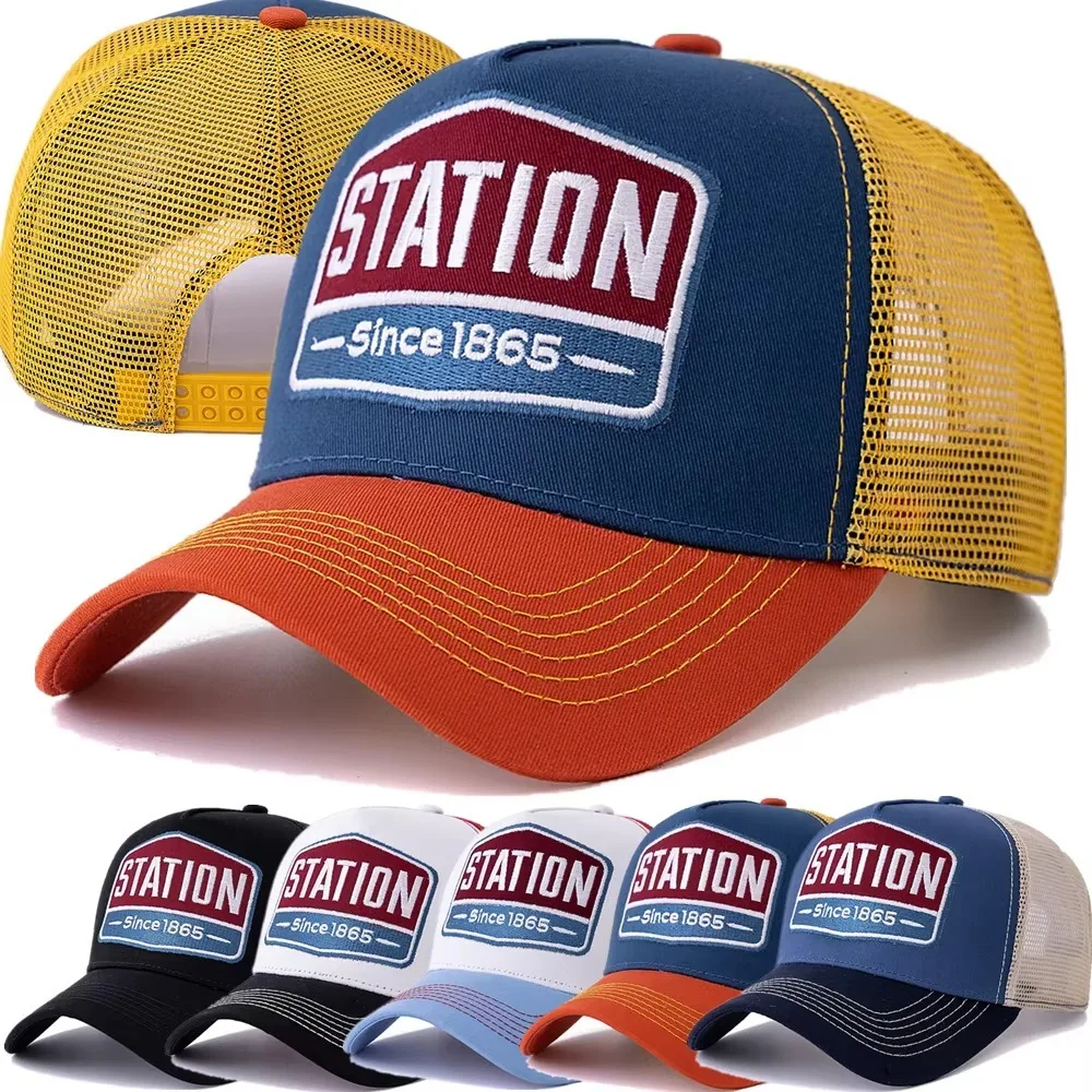 

Summer Adjustable Baseball Cap Embroidered Breathable Hip Hop Hat STATION Letter Pattern Mesh Trucker Hat Men and Women