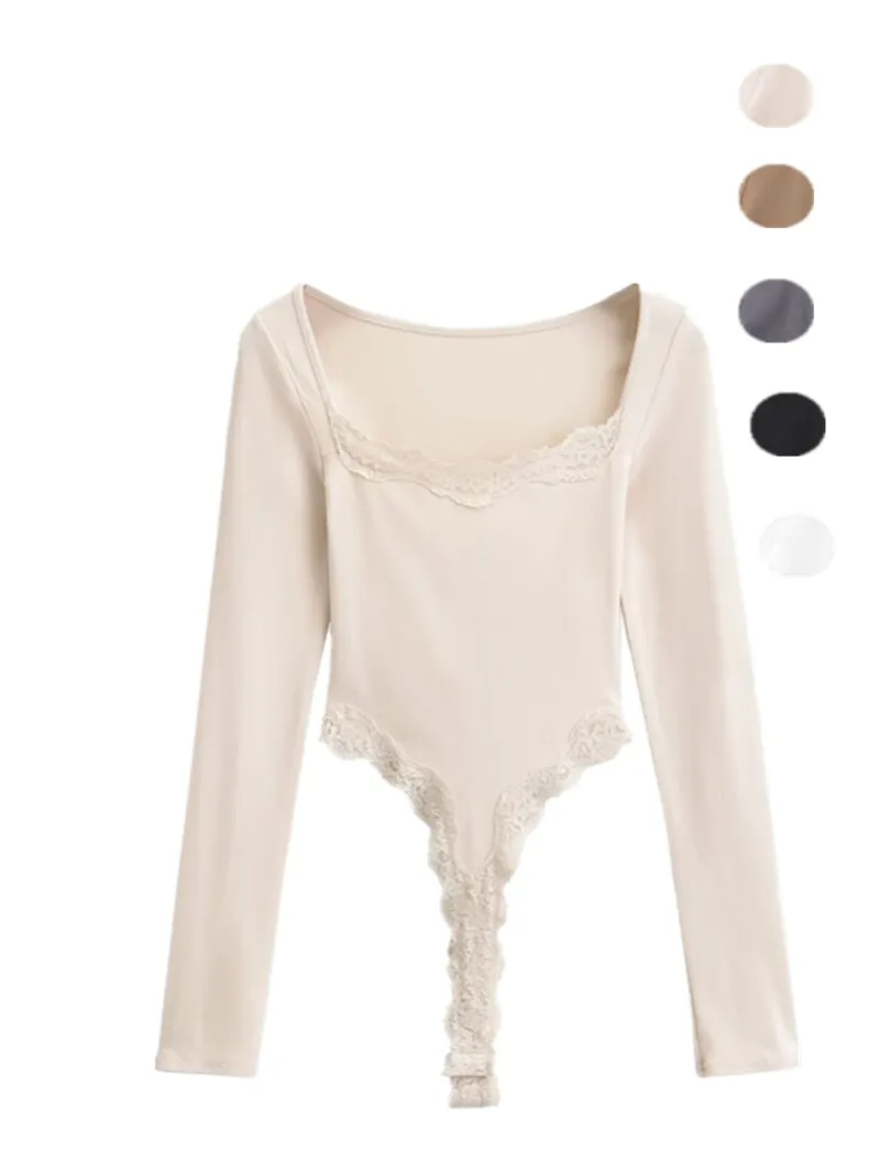 Retro Long Sve Baring Waist Tight Bodycon Lace Trim Snap Buttoned Square Collar  T irt Women Sexy Charm