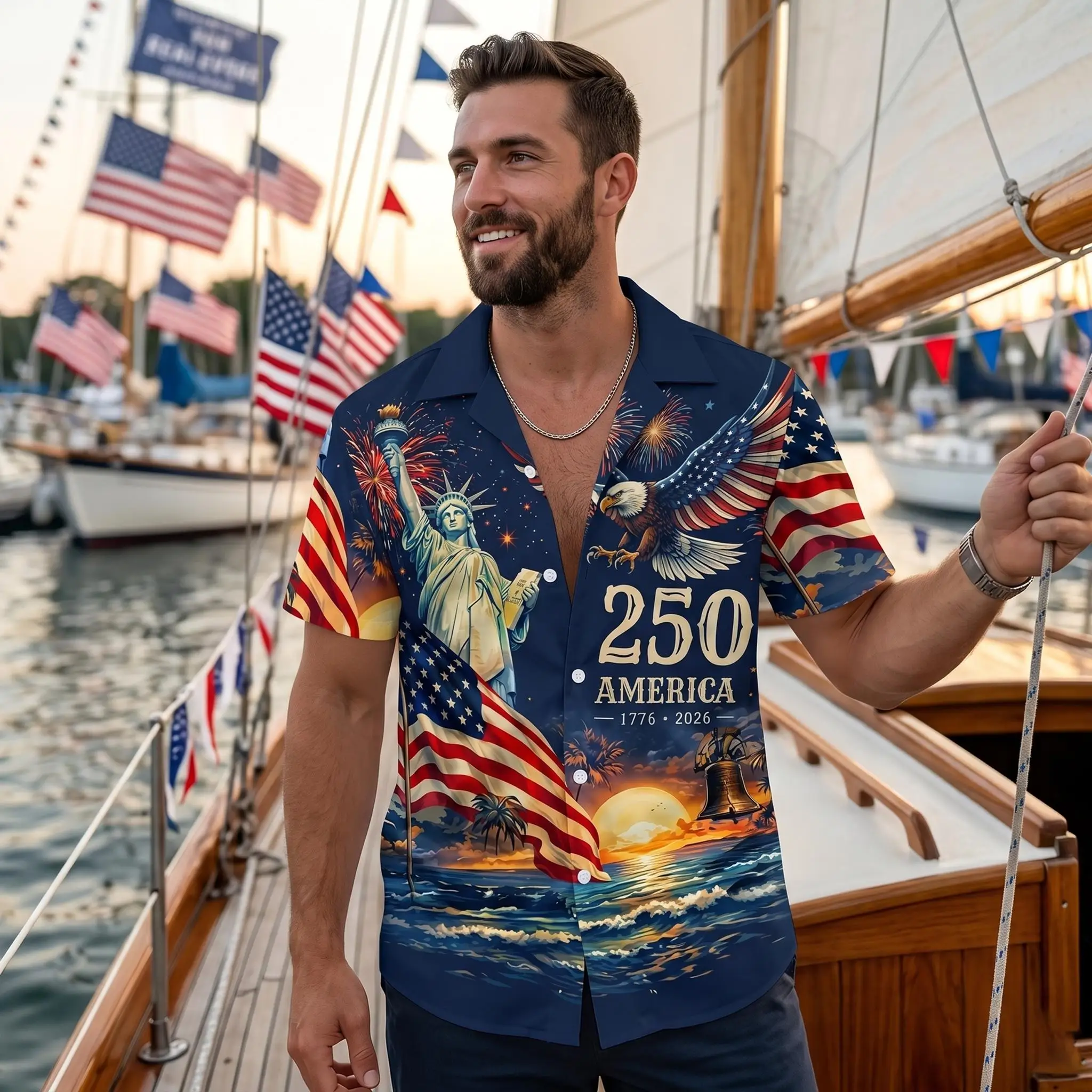 2026 Men's Patriotic Hawaiian Shirt Short Sleeve Button down America's Freedom 250th Anniversary 1776-2026 Celebration Clothing
