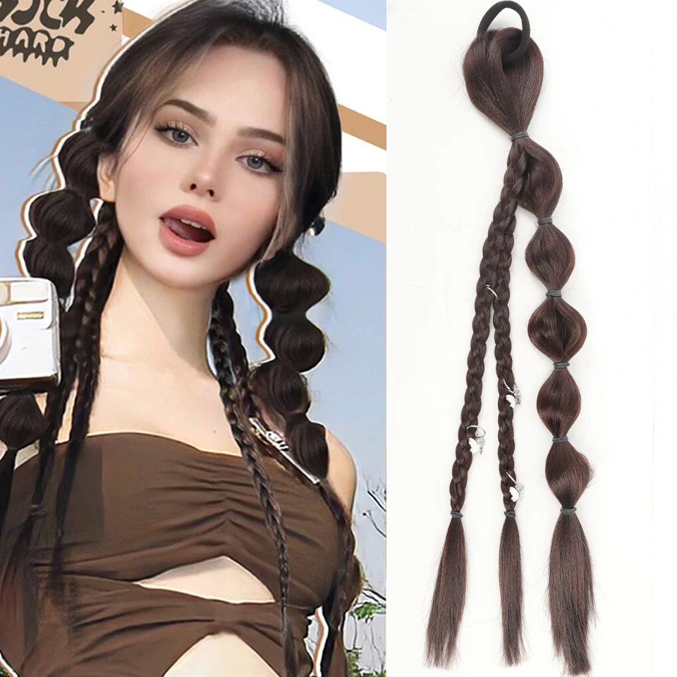 

2 шт., синтетические длинные прямые волосы, натуральная пузырьковая коса, коса, парик с хвостиком и резинкой, натуральная мода
