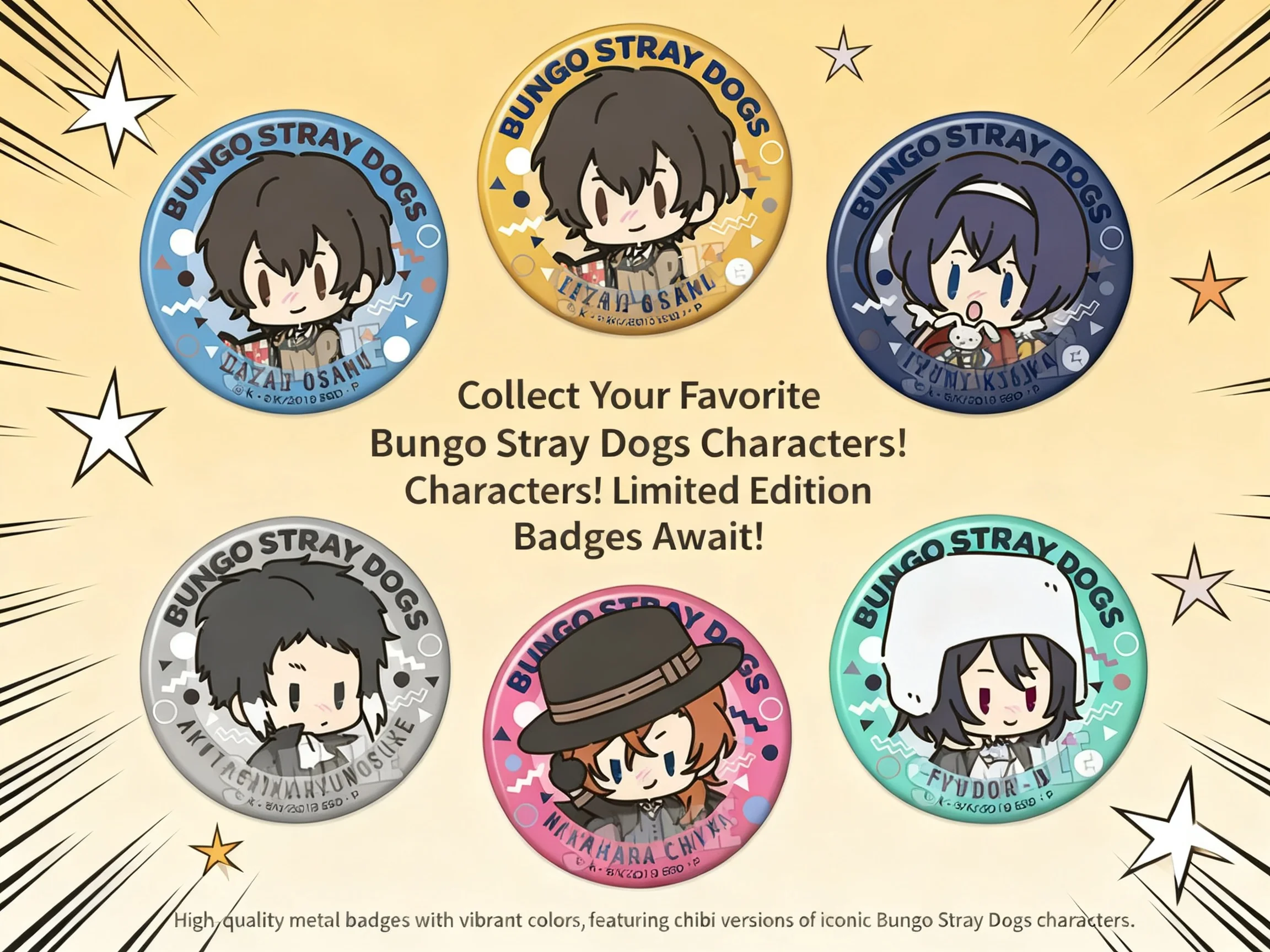 

Аниме-значок «Бунго Страй Догс»: Дазай Осаму, Изуми Кёка, Накахара Чуя, Фёдор (Q-версия). Коллекционная аниме-брошь/значок.