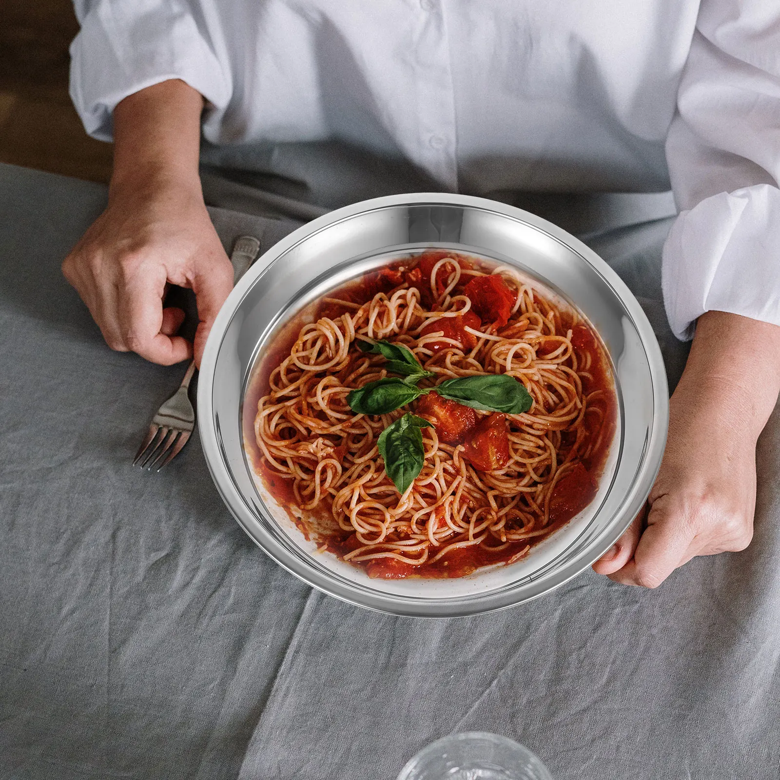 

Stainless Steel Cake Plate Large Round Serving Platter For Bbq Pasta Steak Fruit Kitchen Food Dish Dinner Plate