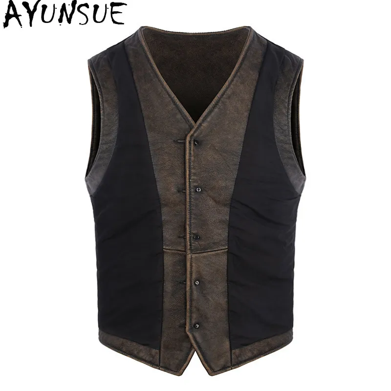 AYUNSUE Top Layer Cowhide Leather Vest for Man Stone Washed Distressed Sleeveless Genuine Leather Jacket Casual Motorcycle Vests