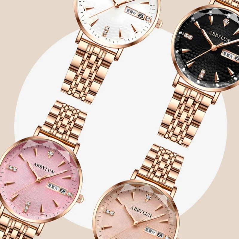 Abbylun 312 Women's Quartz Watch Elegant Minimalist Design Waterproof Luminous Stainless Steel Week Calendar Ladies Watches