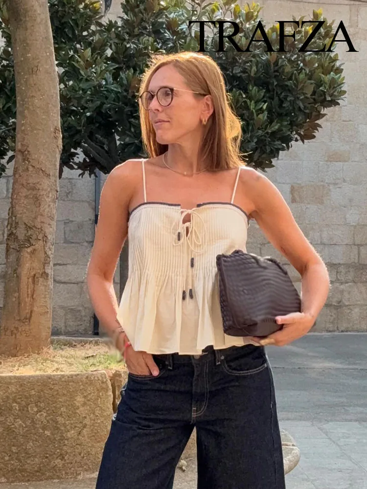 

TRAFZA Women's New Fashion Short Tops Solid Sleeveless Backless Folds Bow Lace-Up Decoration Female Summer Casual Slim Tops
