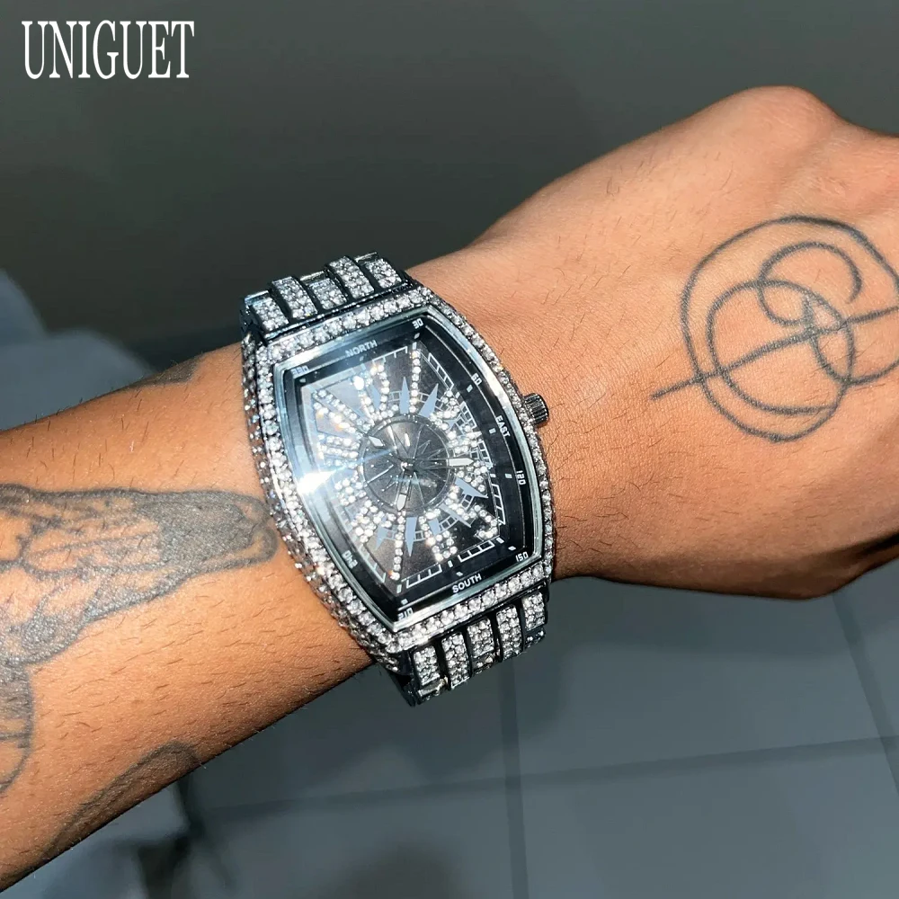 UNIGUET Fashion Iced Watch For Men Luxury Stainless Steel Quartz Watch Man Hip Hop Diamonds AAA Jewelry Wristwatch 2024 Hot Sell