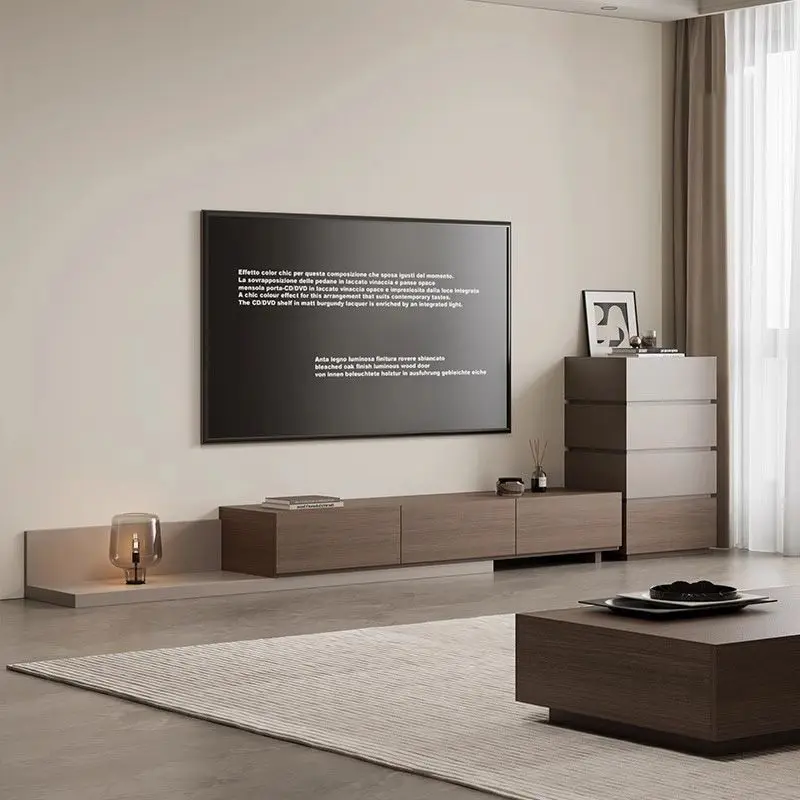 Floor-to-ceiling raised living room storage color matching floor cabinet
