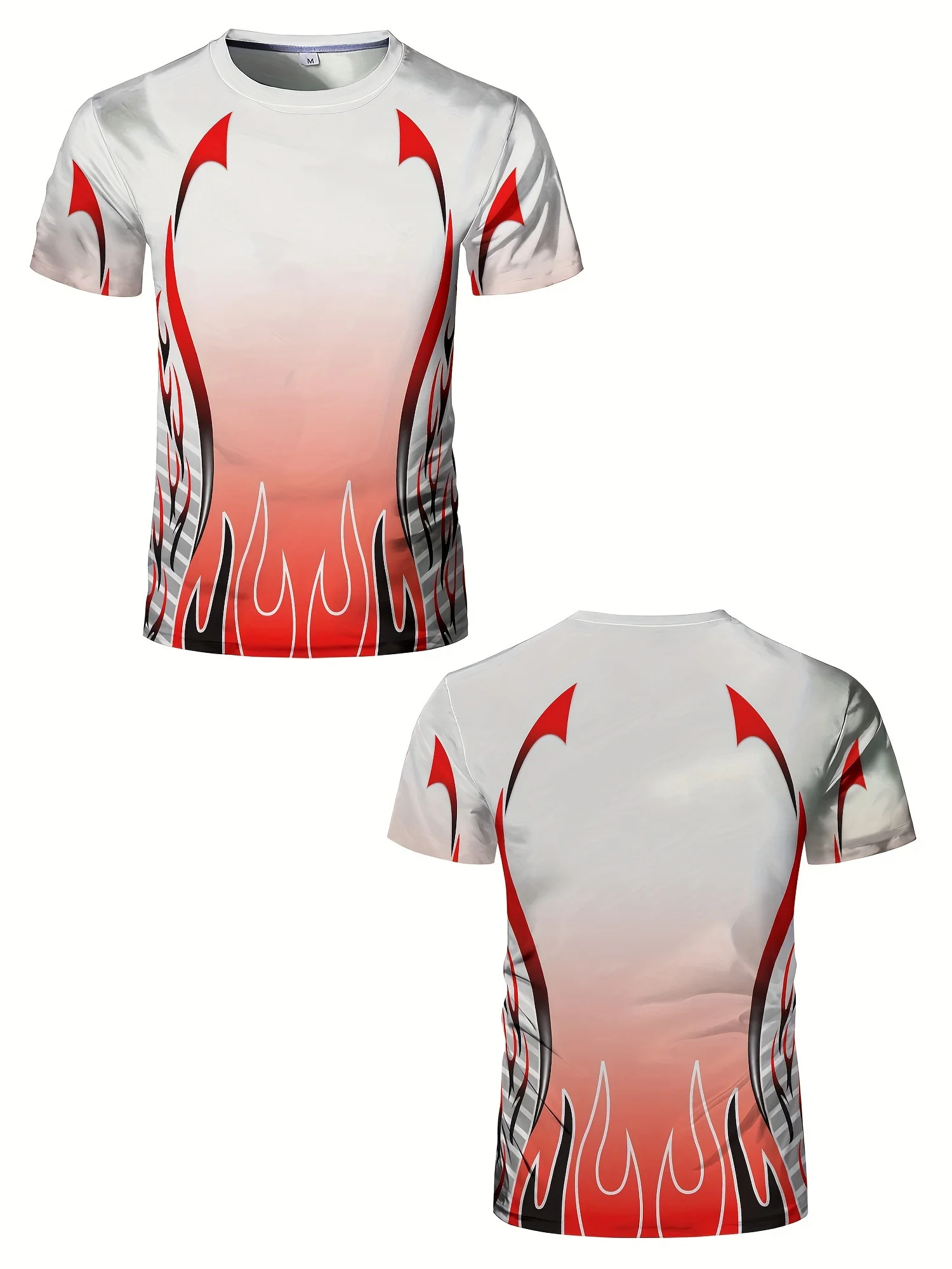 Men Quick Dry High Elastic Sport T Shirt Red Flame Gradient Print Breathable Slim Training Top