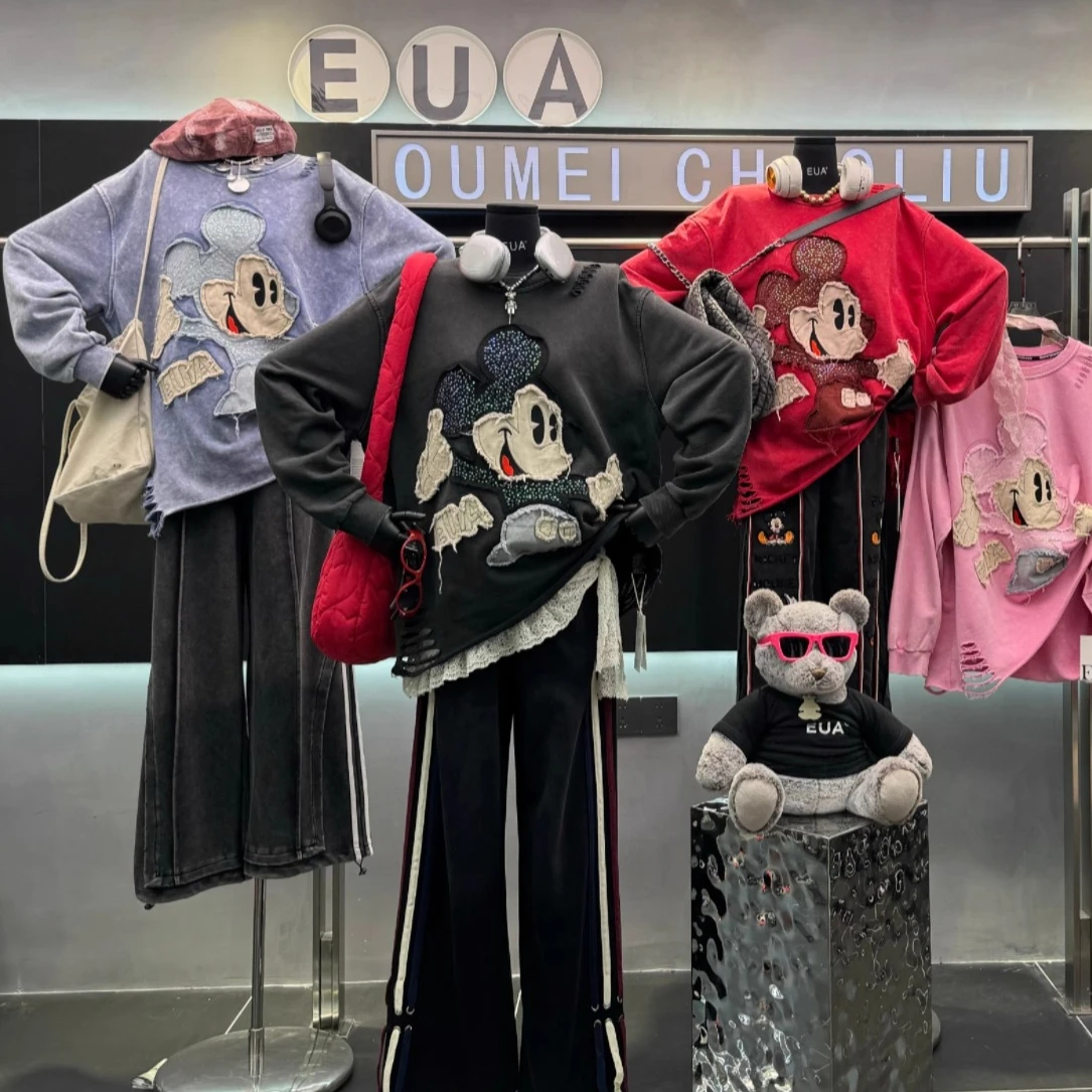 Embroidery Cartoon Round Neck Sweatshirt for Women 2025 Autumn New Loose Retro Hole Design Long Sleeve Top Oversized Hoodie