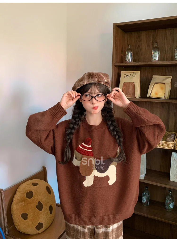 2025 Autumn New Retro Cute Cartoon Puppy Pullover Knitted Vest Round Neck Long Sleeve Soft Comfortable Casual Daily Sweater