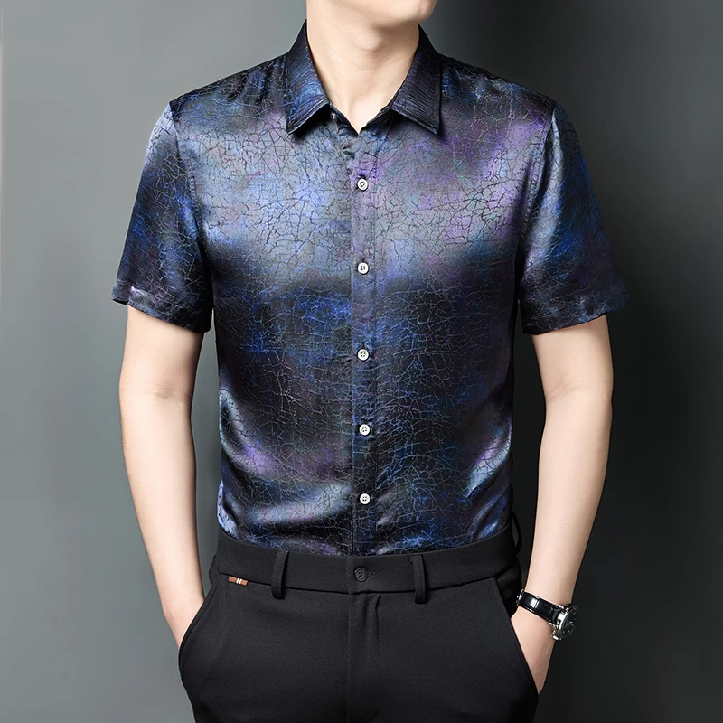 

HT6706 Vintage Luxury Blue Shirts For Men Short Sleeve Easy Care Summer High Quality Viscose Silky Comfortable Camisas De Hombre