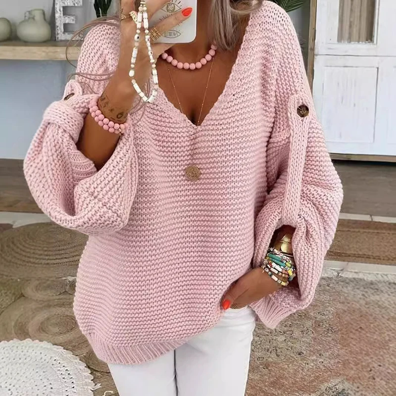 Autumn Commuting Warm Sweater Top Women's Casual V-neck Long Sleeved Knitted Pullover 2024 New Elegant Solid Color Loose Sweater