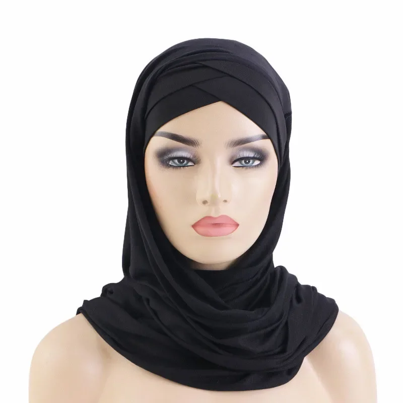 Forehead Fold Cross Solid Color Instant Hijabs One Size Amira Muslim Women Hijab Headwrap Headscarf Pull On Turban Hat Cap Shawl