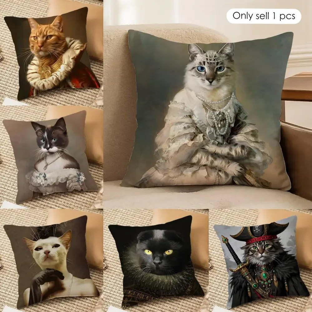 Renaissance Royal cat Cushion Cover Silky Short Plush Invisible Zipper Dustproof Sofa Pillow Case for Home Decor