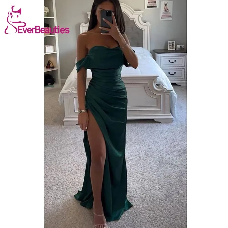 

Off Shoulder Prom Dresses Long Satin Mermaid Formal Dresses Cocktail Party Gowns with Side Slit Simple Maxi Gowns for Women