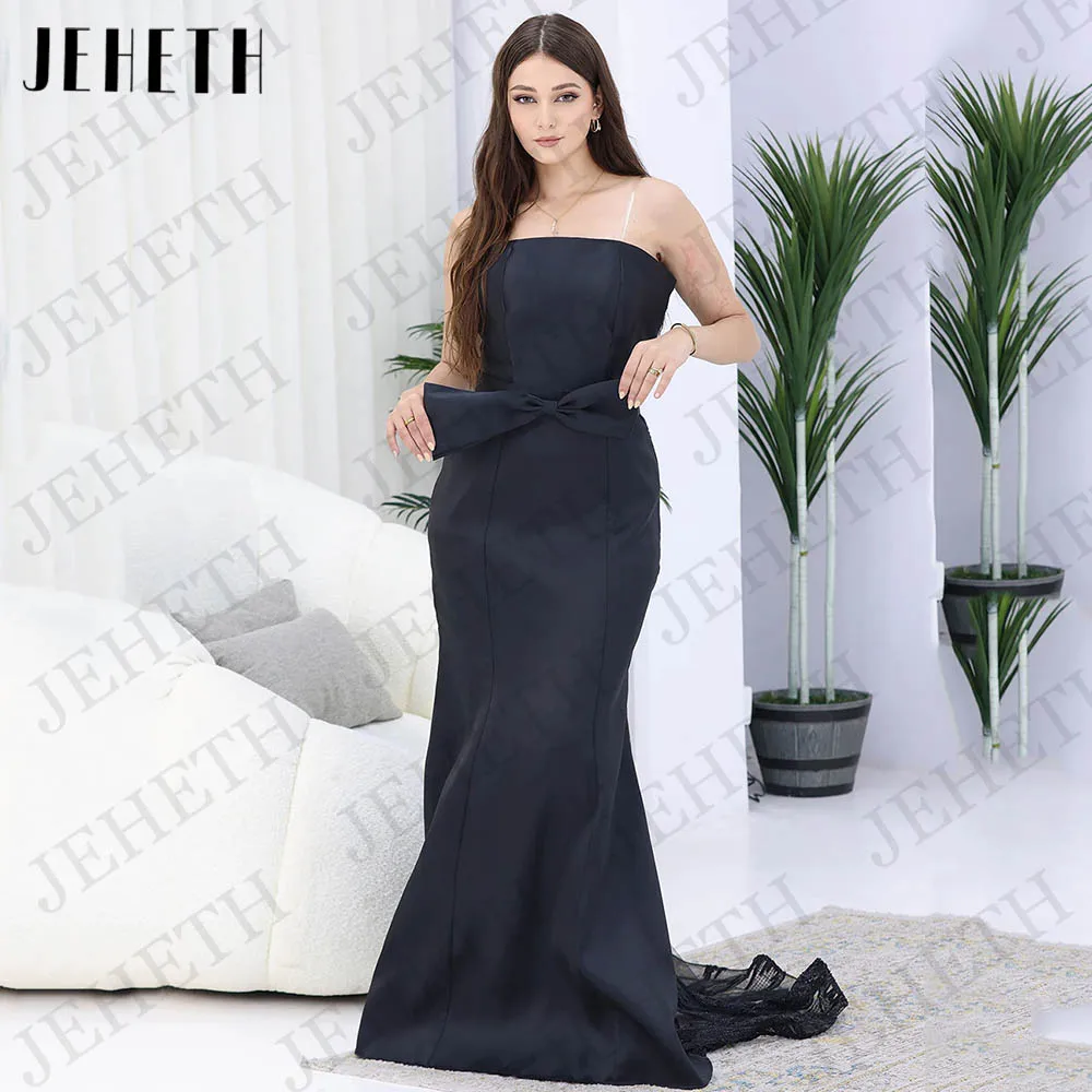 JEHETH-vestido de noche de sirena de Dubái, prenda sencilla de satén con lazo sin tirantes, Color Azul Marino Simple Dubai vestidos de noche de sirena de Arabia Saudita  Satin Bow Strapless Lace  Vestido Ocasión Formal