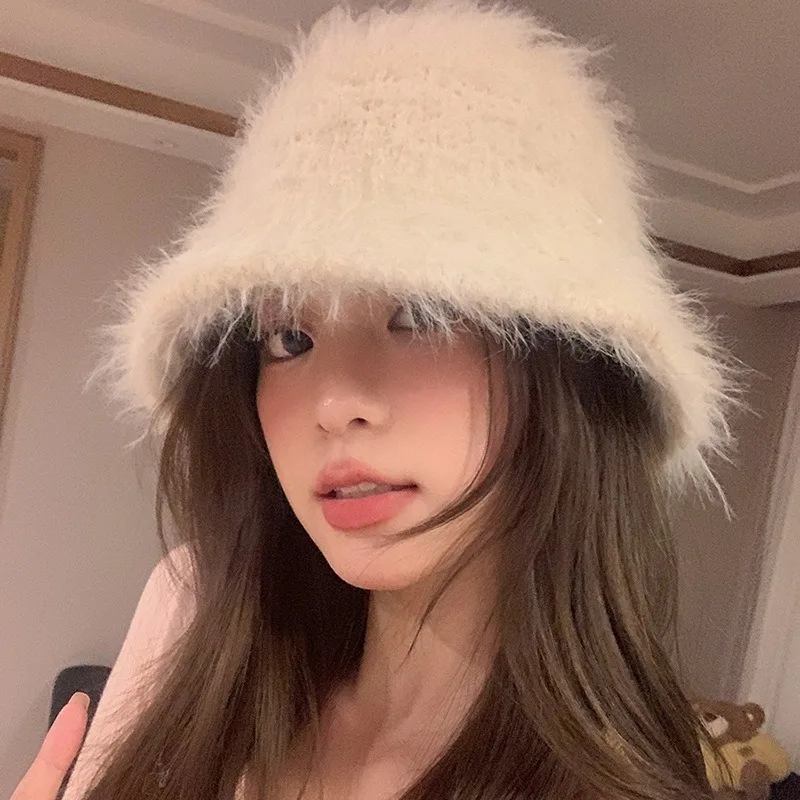 New Fluffy Faux Mink Fur Bucket  Hat Women Korean Ins Blogger Plush Bucket Hat Autumn Girls Cute Fashion Winter Hat Panama Caps