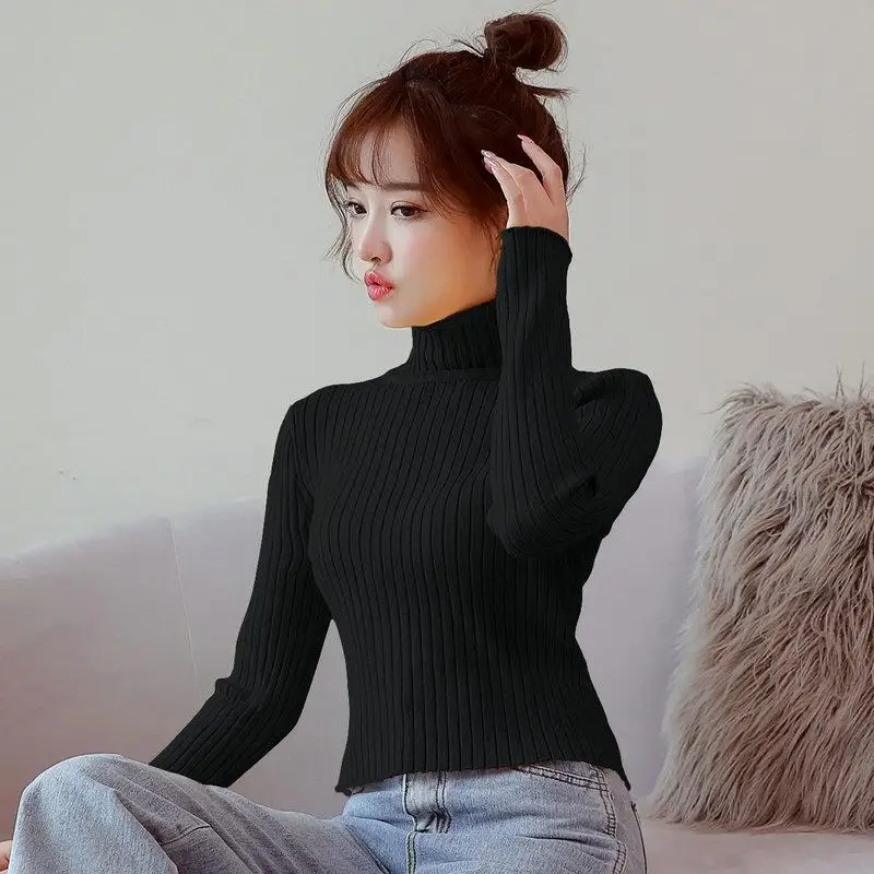 سترة نسائية محبوكة بياقة عالية وقصة ضيقة، تصميم قصير دافئ كطبقة أساسية للخريف والشتاء، مقاس صغير للطالبات #2