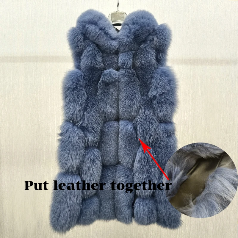 Hochwertige Luxus Frauen Echtpelz Mantel Winter jacke lange Natur fuchs Pelz Weste Echt Schaffell Leder Kapuze dicken warmen Mantel – Detail 11